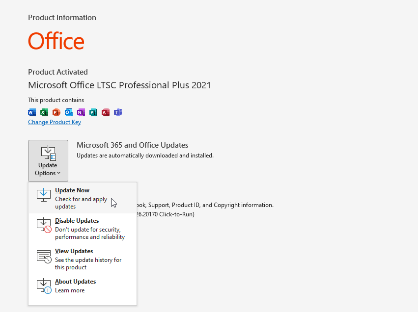 Go to File > Office Account to update Outlook